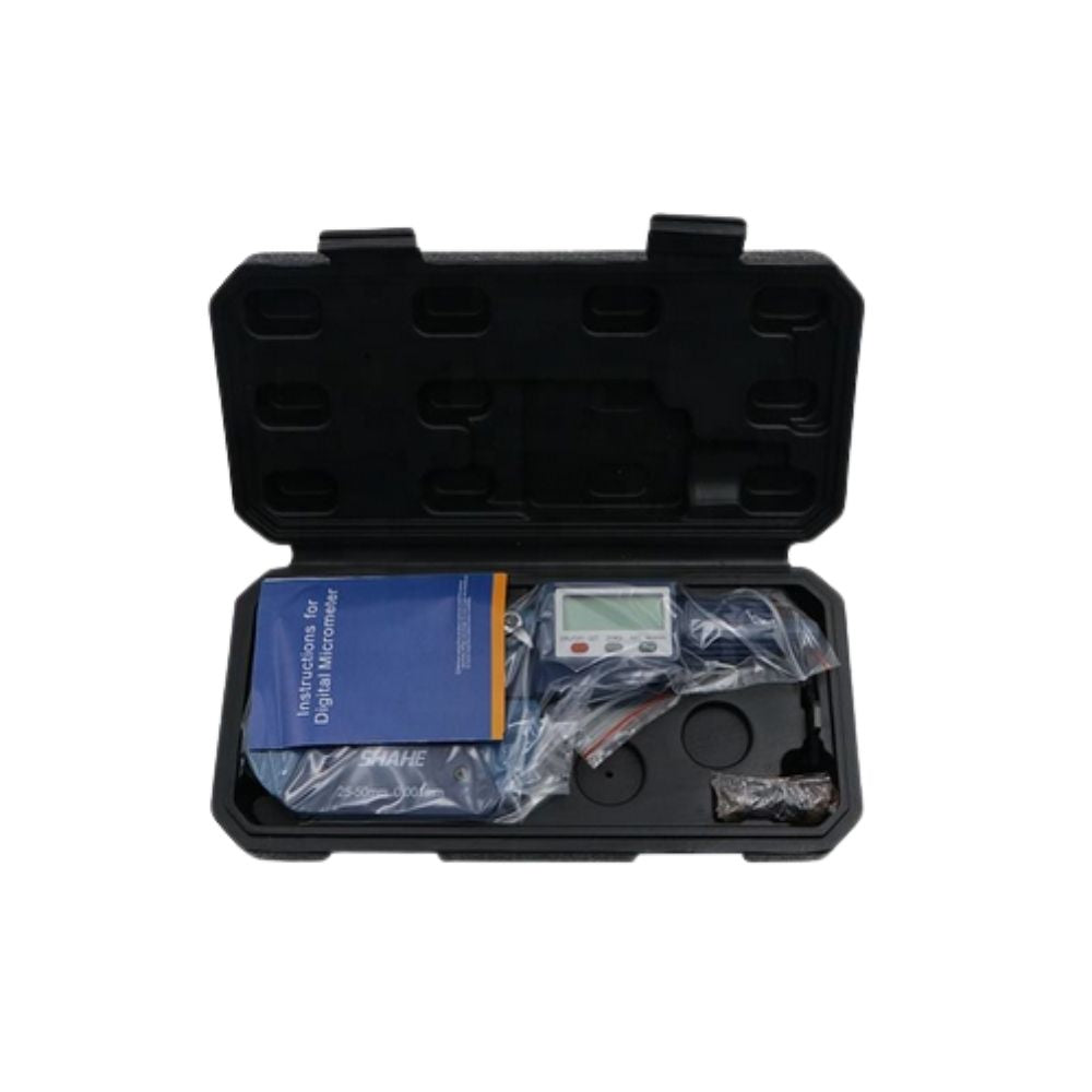 SHAHE 25-50mm Electronic Micrometer full set including 25mm standard, test certificate, user manual, CR2032 battery, and protective hard case.