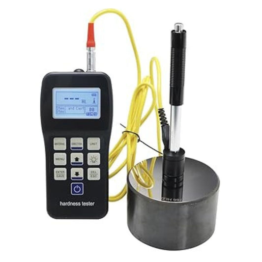 SHAHE SL-140 digital Leeb hardness tester performing portable metal hardness test on reference block – rebound hardness meter for steel, cast iron, aluminum, NDT inspection.