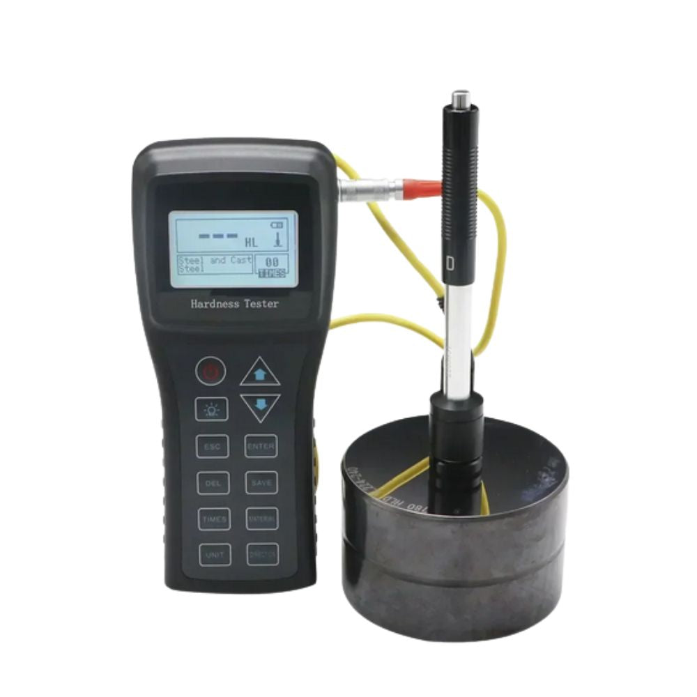 SHAHE SL-150 advanced metal Leeb hardness tester performing rebound test on calibration block – portable hardness meter for heavy machinery and forged parts.