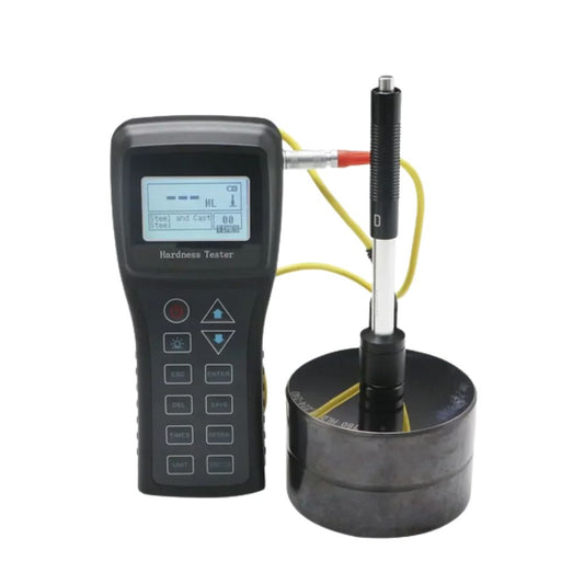 SHAHE SL-150 advanced metal Leeb hardness tester performing rebound test on calibration block – portable hardness meter for heavy machinery and forged parts.