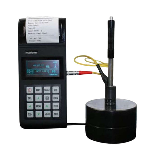 SHAHE SL-160 touchscreen Leeb hardness tester performing portable metal hardness test on sample block – high-performance rebound hardness gauge with Bluetooth.