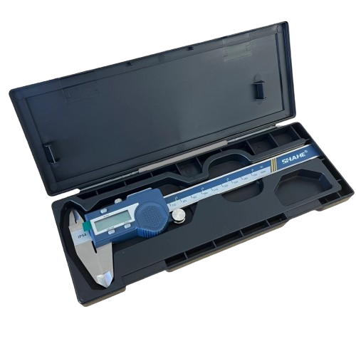 Full view of the SHAHE 150mm Digital Vernier Caliper inside its protective storage case