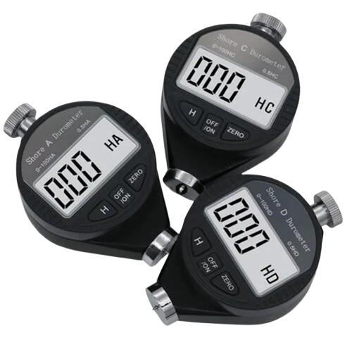A comparison of Shore A, C, and D durometers, showing the different indentor tips for each model