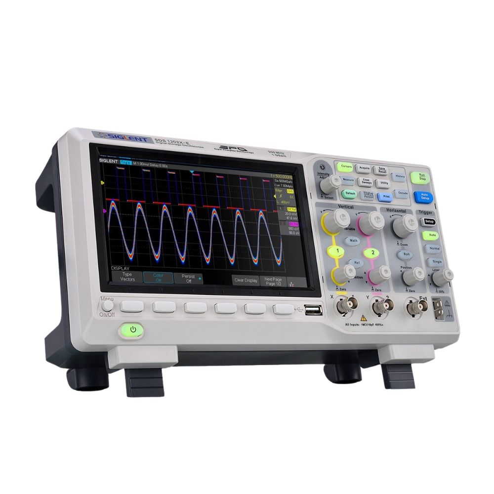 Siglent SDS1202X-E 200MHz 2 Channel Digital Oscilloscope front view powered on 7-inch waveform display - Professional Super Phosphor benchtop scope for electronics serial decode automotive engineering Sri Lanka.