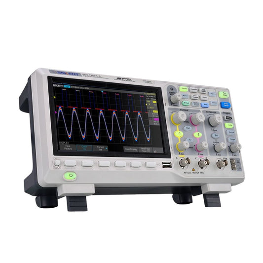 Siglent SDS1202X-E 200MHz 2 Channel Digital Oscilloscope front view powered on 7-inch waveform display - Professional Super Phosphor benchtop scope for electronics serial decode automotive engineering Sri Lanka.