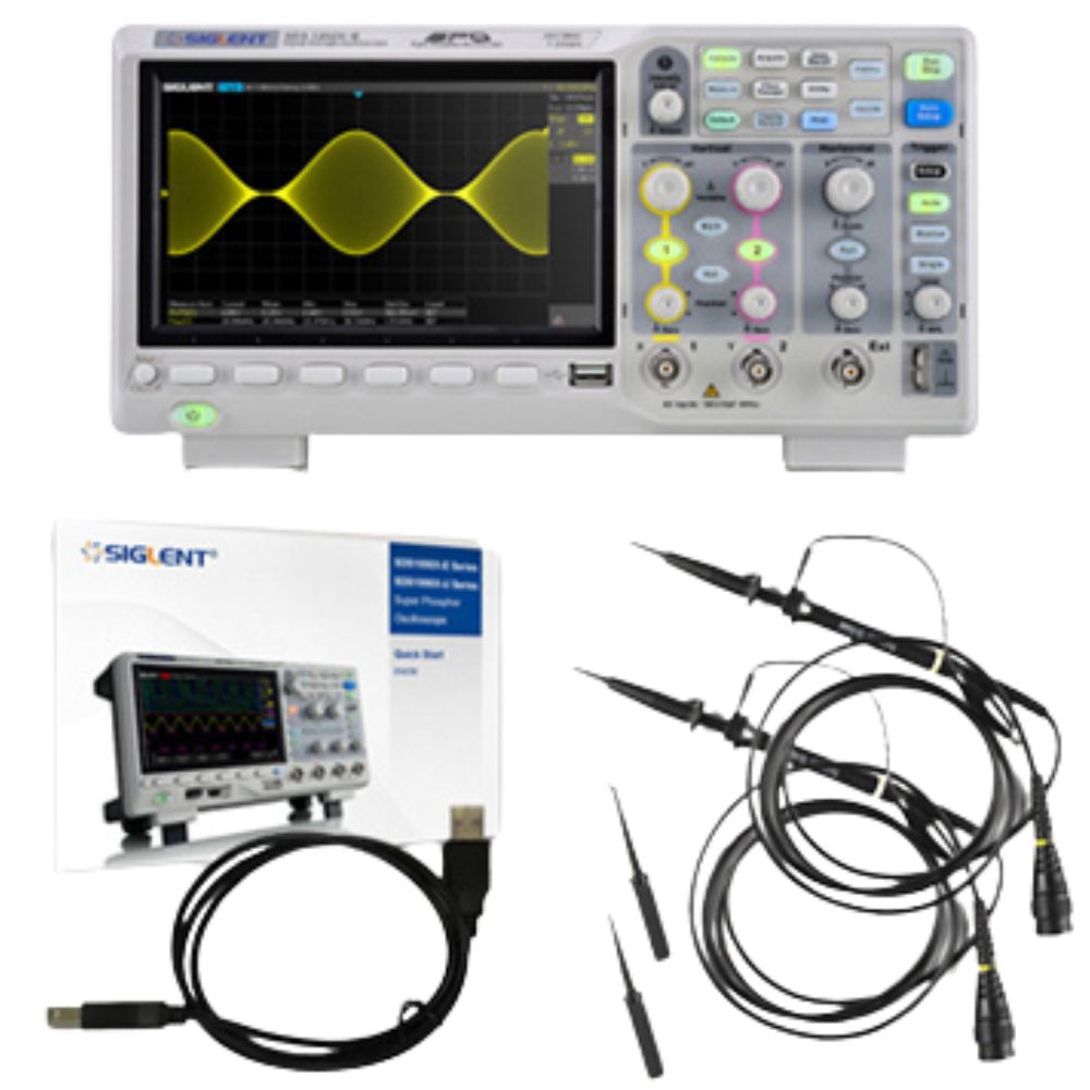 SIGLENT SDS1202X-E 200MHz 2 Channel Digital Oscilloscope complete package set with 2x PP215 probes, power cable, USB cable and documentation - Professional benchtop oscilloscope Sri Lanka.