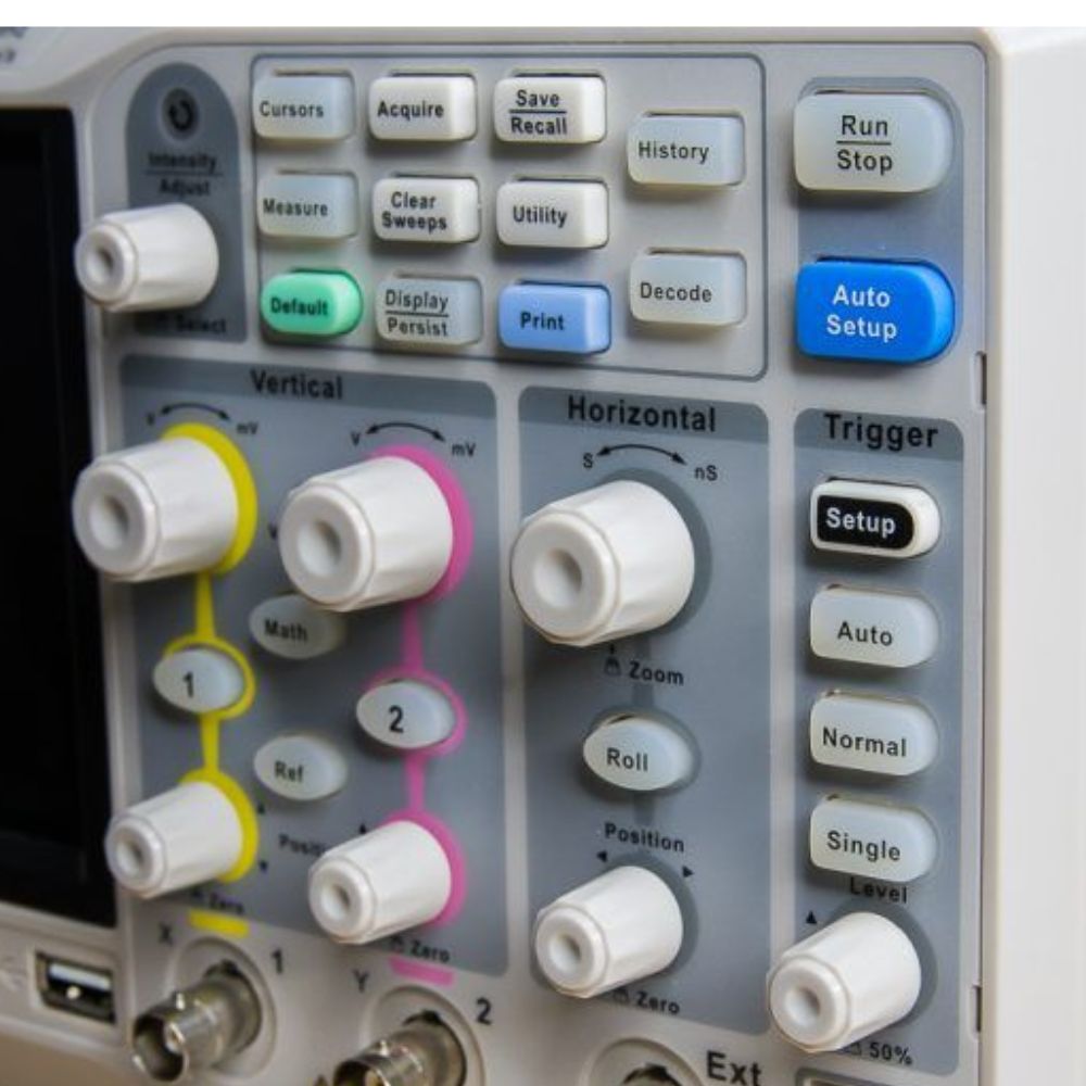 SIGLENT SDS1202X-E 200MHz 2 Channel Digital Oscilloscope front panel keypad closeup showing control buttons, menu navigation and multifunction knobs - Precision Super Phosphor oscilloscope controls Sri Lanka.