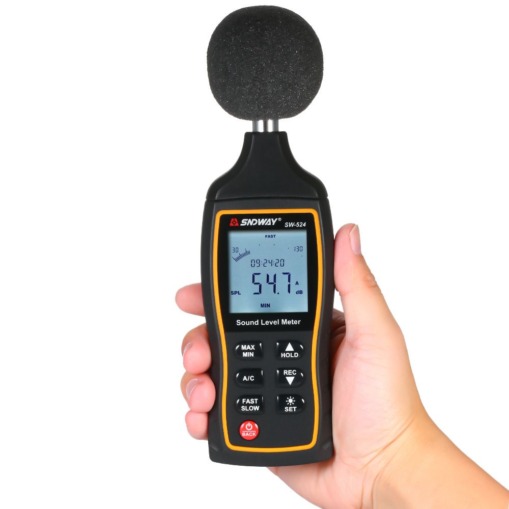 SNDWAY SW-524 handheld SPL meter held in hand ready for sound pressure level measurement