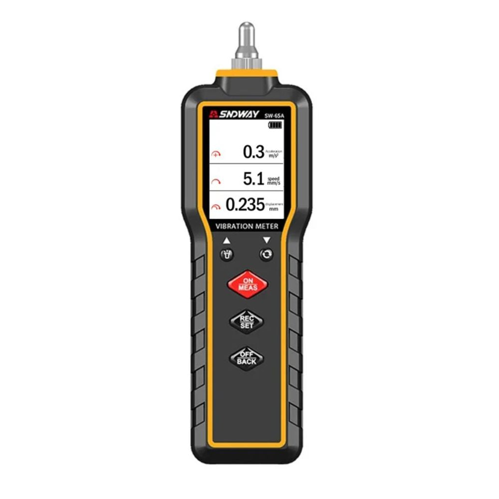 Front view of the SNDWAY SW-65A digital vibration meter, showing the 3-channel LCD display and control buttons for machinery condition monitoring.