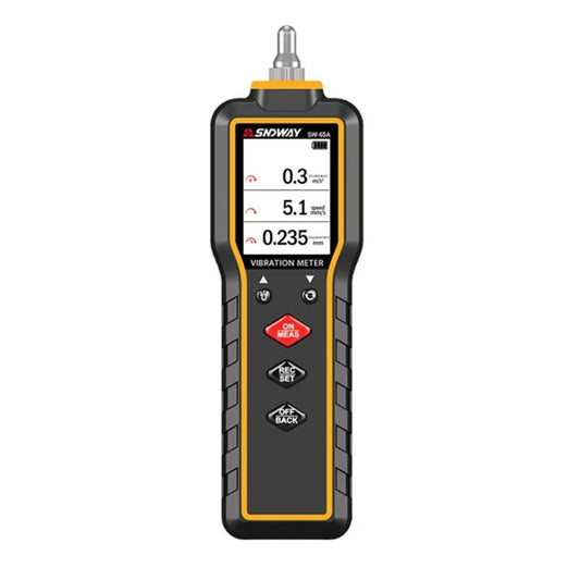 Front view of the SNDWAY SW-65A digital vibration meter, showing the 3-channel LCD display and control buttons for machinery condition monitoring.