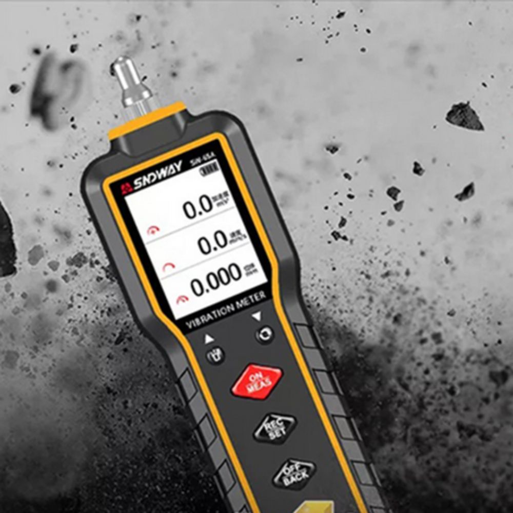 The SNDWAY SW-65A vibration measurement instrument highlighting its rugged, drop-resistant casing built for heavy-duty industrial plant use.