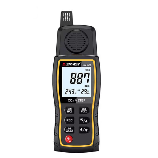 SNDWAY SW-723 CO2 meter front view with backlit LCD showing 887 ppm carbon dioxide, 24.3°C temperature and 29% humidity for indoor air quality monitoring in offices, schools and homes in Sri Lanka.