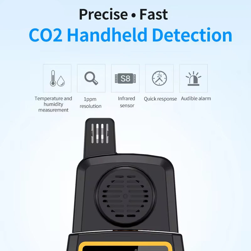 Close-up of SNDWAY SW-723 NDIR CO2 sensor and temperature humidity probe for accurate carbon dioxide, temperature and relative humidity measurement in HVAC and greenhouse applications.