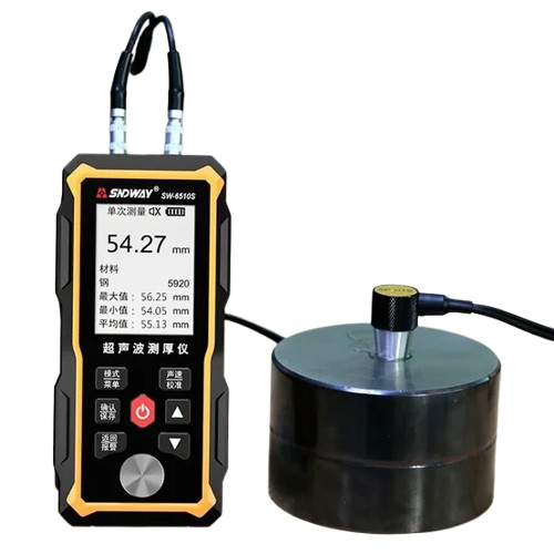 A technician using the SNDWAY SW-6510S digital metal thickness tester to perform a precise wall thickness measurement on a steel block.