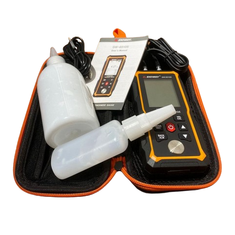Complete kit for the SNDWAY SW-6510S UT thickness gauge, organized in its protective carrying case with the meter, ultrasonic probe, charging cable, and user manual.