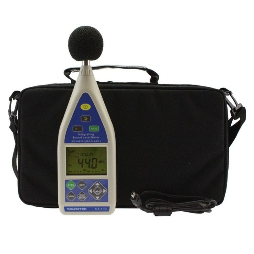 SOUNDTEK ST-109R Class 1 integrating sound level meter with data logger in its protective carrying pouch