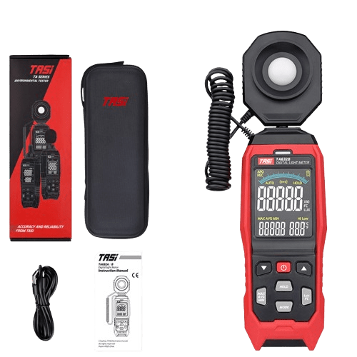 The complete TASI TA632B digital lux meter data logger kit, including the instrument, sensor probe, carrying case, retail box, USB-C cable, and user manual.