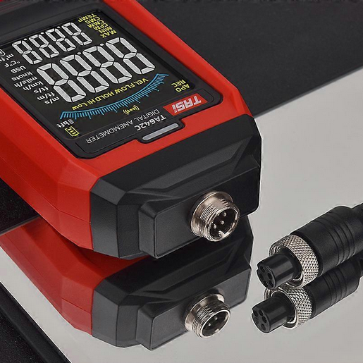 A close-up view of the TASI TA642C anemometer's detachable probe system, highlighting the durable multi-pin aviation plug connectors on both the main unit and the probe.