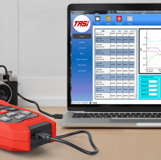 Demonstrating the TASI TA642C anemometer's data logging capabilities, connected to a laptop via USB-C, with the companion software showing live airflow data graphs and charts.