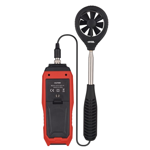 The rear view of the TASI TA642C anemometer, showcasing its ergonomic design and the easily accessible battery compartment.