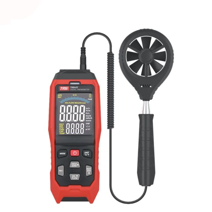 The TASI TA642C anemometer powered on, displaying the start-up test sequence on its vibrant VA color screen with the telescopic vane probe connected.