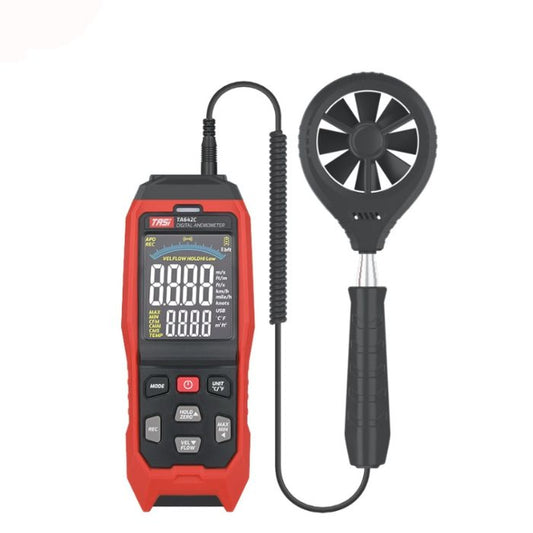 The TASI TA642C anemometer powered on, displaying the start-up test sequence on its vibrant VA color screen with the telescopic vane probe connected.