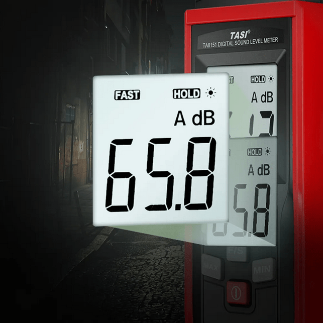 An enhanced close-up of the TASI TA8151's clear, backlit digital display, emphasizing the easy-to-read 65.8 dBA noise level measurement.