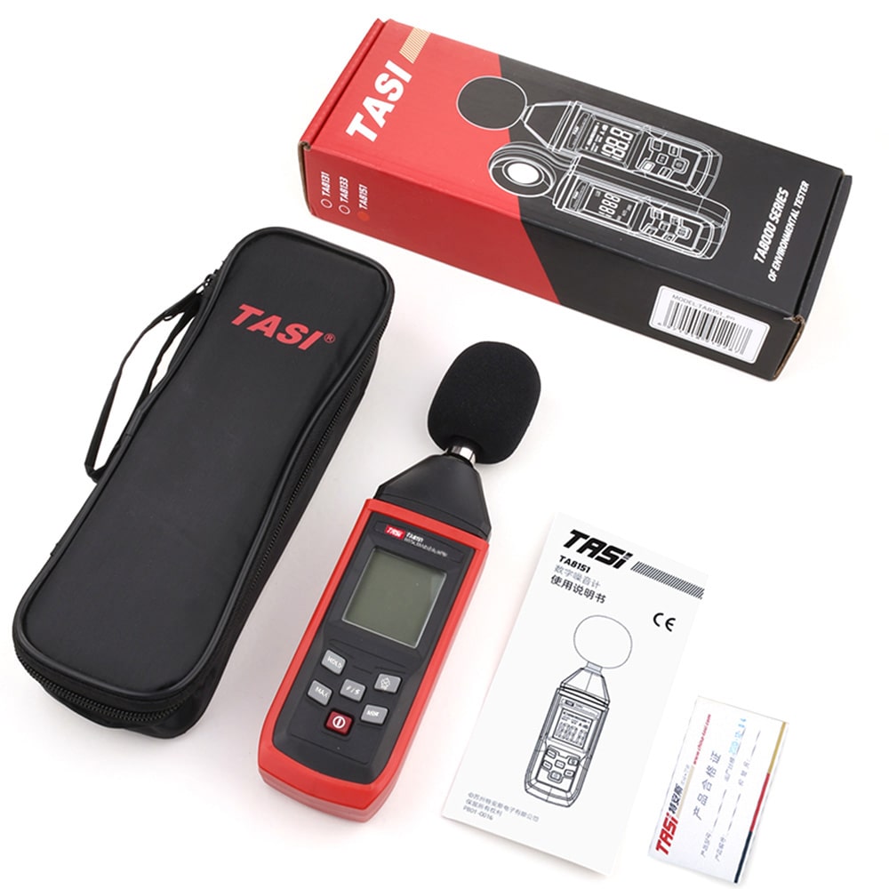The complete TASI TA8151 sound level meter kit, including the instrument, a soft carrying pouch, the official retail box, user manual, and quality certificate.