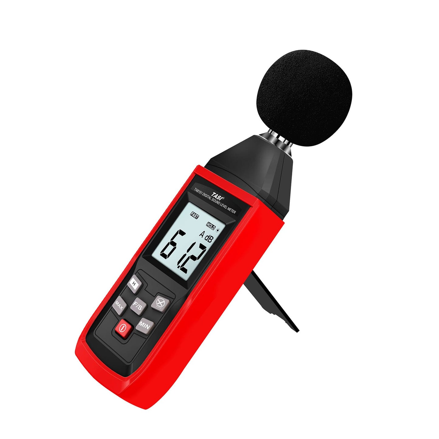 The rear of the TASI TA8151 sound meter, showing the integrated fold-out kickstand that allows for stable, hands-free desktop monitoring.