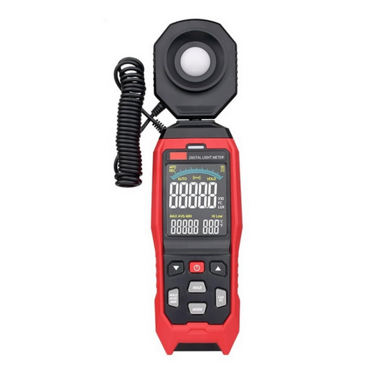 Digital light meter with a coiled cable on a white background
