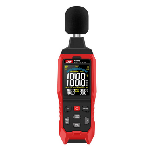 Red and black sound level meter on a white background