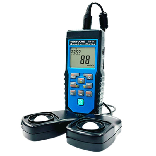 TENMARS TM-217 Quantum PAR Meter and Lux Meter – full front view showing PPFD and lux sensor, LCD display, and control buttons