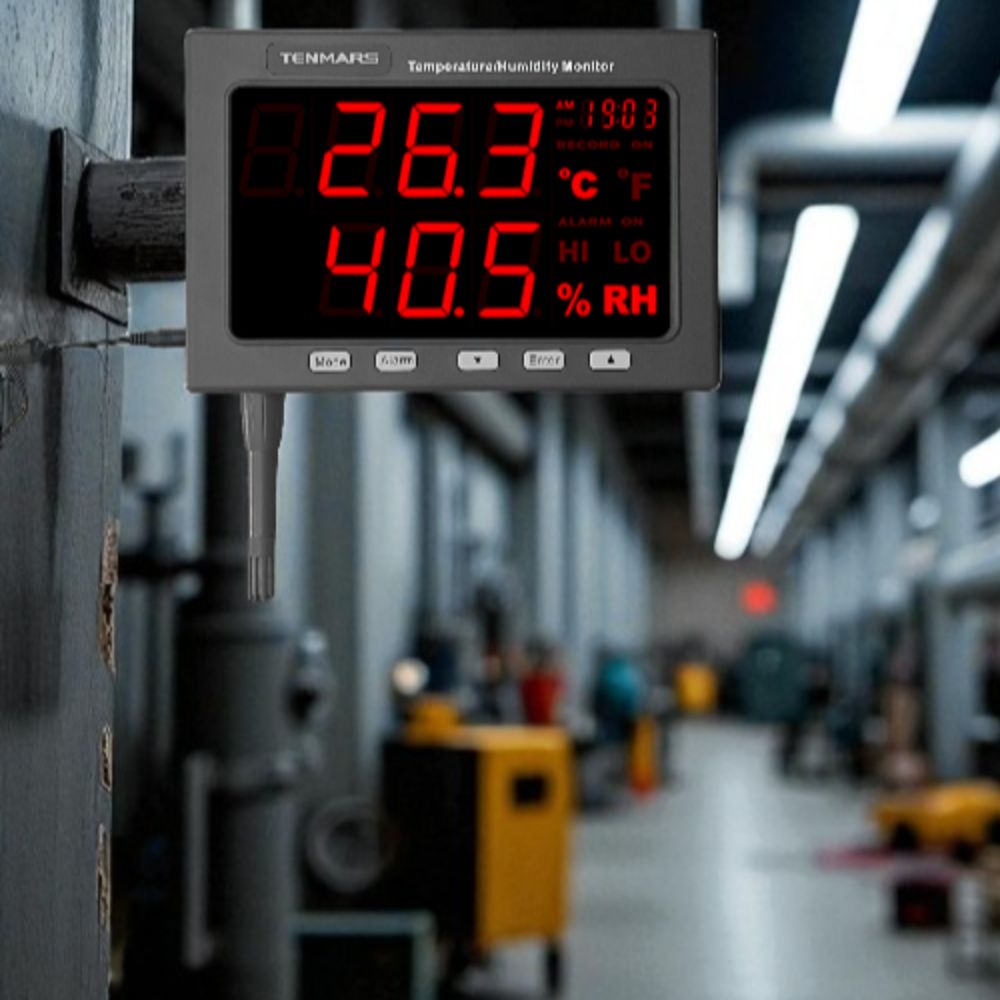 TENMARS TM185D temperature humidity monitor data logger mounted for temperature and humidity monitoring inside a public bus station