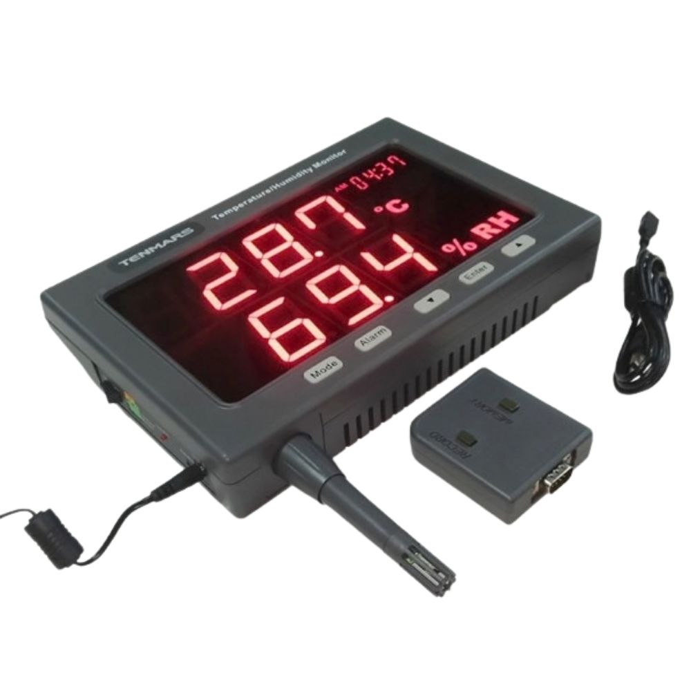 TENMARS TM185D temperature humidity monitor data logger full set with adapter, wall mount, USB cable and datalogging box
