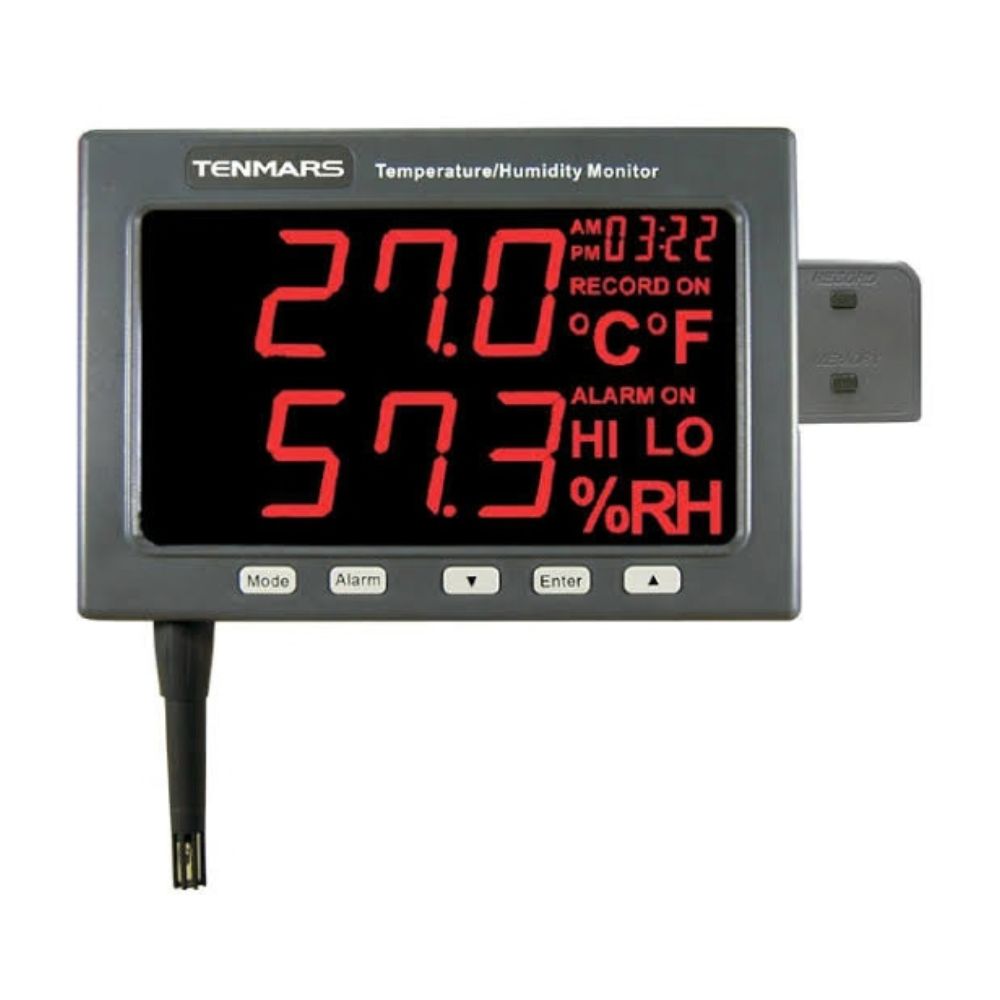 TENMARS TM185D temperature humidity monitor data logger full front view with LED display