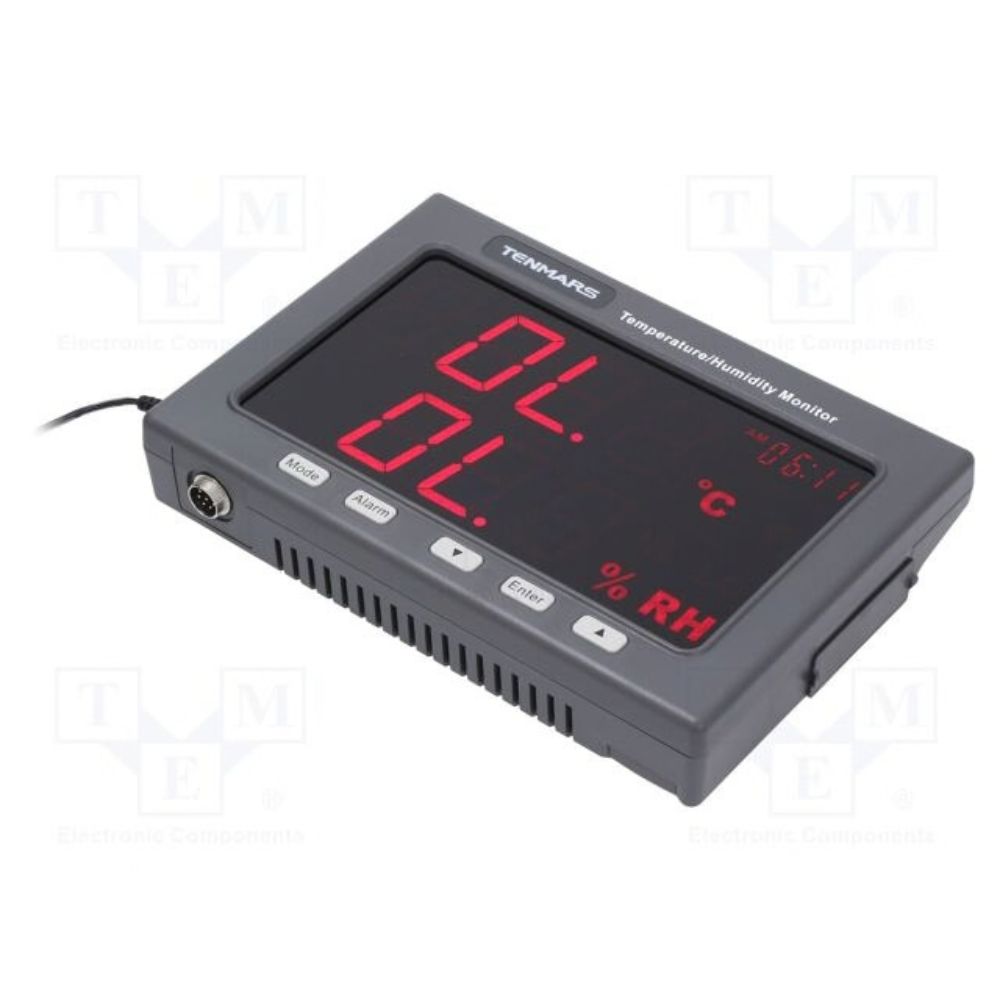 Closeup of TENMARS TM185D temperature humidity monitor data logger main unit showing LED display and control buttons