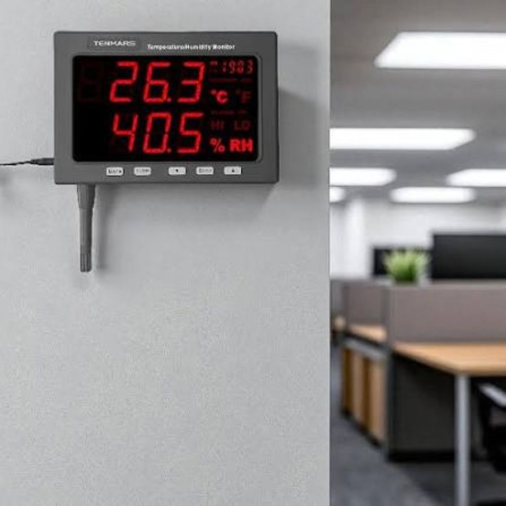 TENMARS TM185D temperature humidity monitor data logger used for temperature and humidity monitoring inside an office space