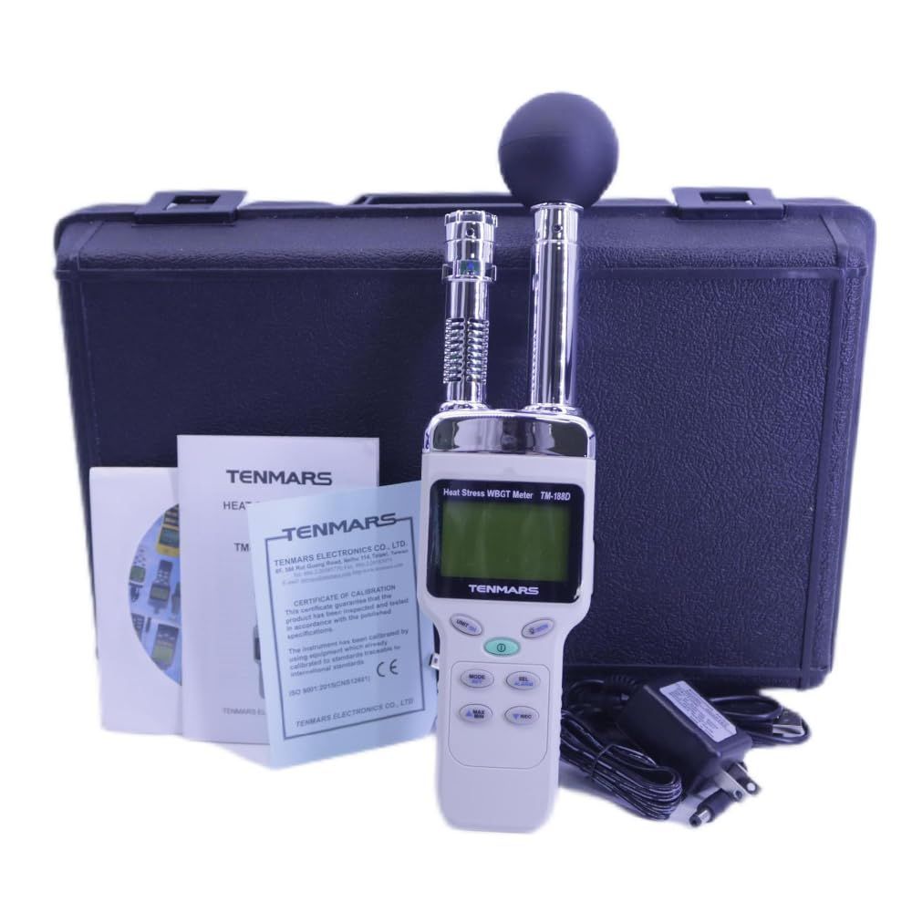 Complete TENMARS TM188 WBGT Heat Stress Meter package kit with carrying case, user manual, calibration certificate - Professional heat stress monitor, thermal stress detector, WBGT index meter for factories, foundries, sports fields Sri Lanka.