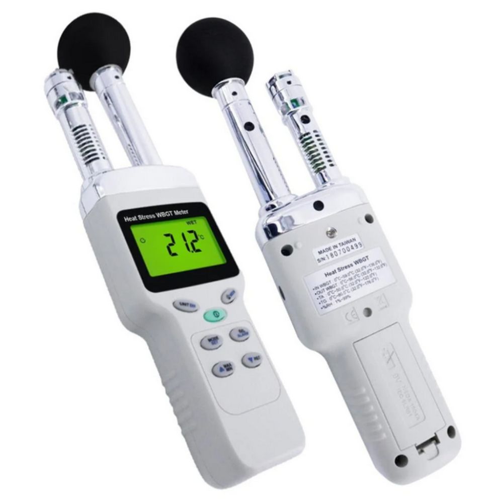 TENMARS TM188 Heat Stress WBGT Meter front and back view showing brass black globe sensor, LCD display, tripod mount - Professional thermal stress meter, heat index gauge, occupational safety instrument Sri Lanka.