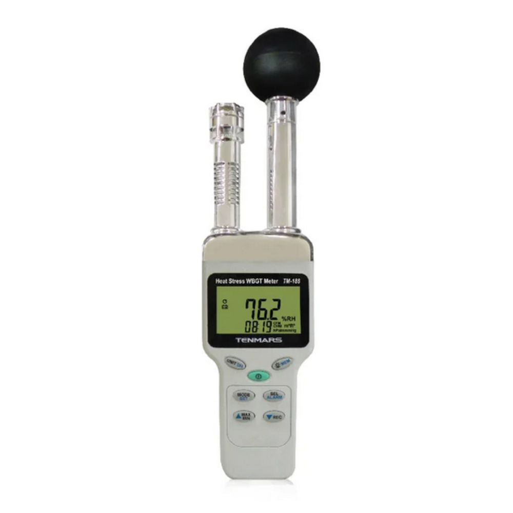 TENMARS TM188 Heat Stress WBGT Meter front view powered on displaying 76.2% RH humidity reading - Wet Bulb Globe Temperature heat index monitor for occupational safety, industrial hygiene, construction sites Sri Lanka