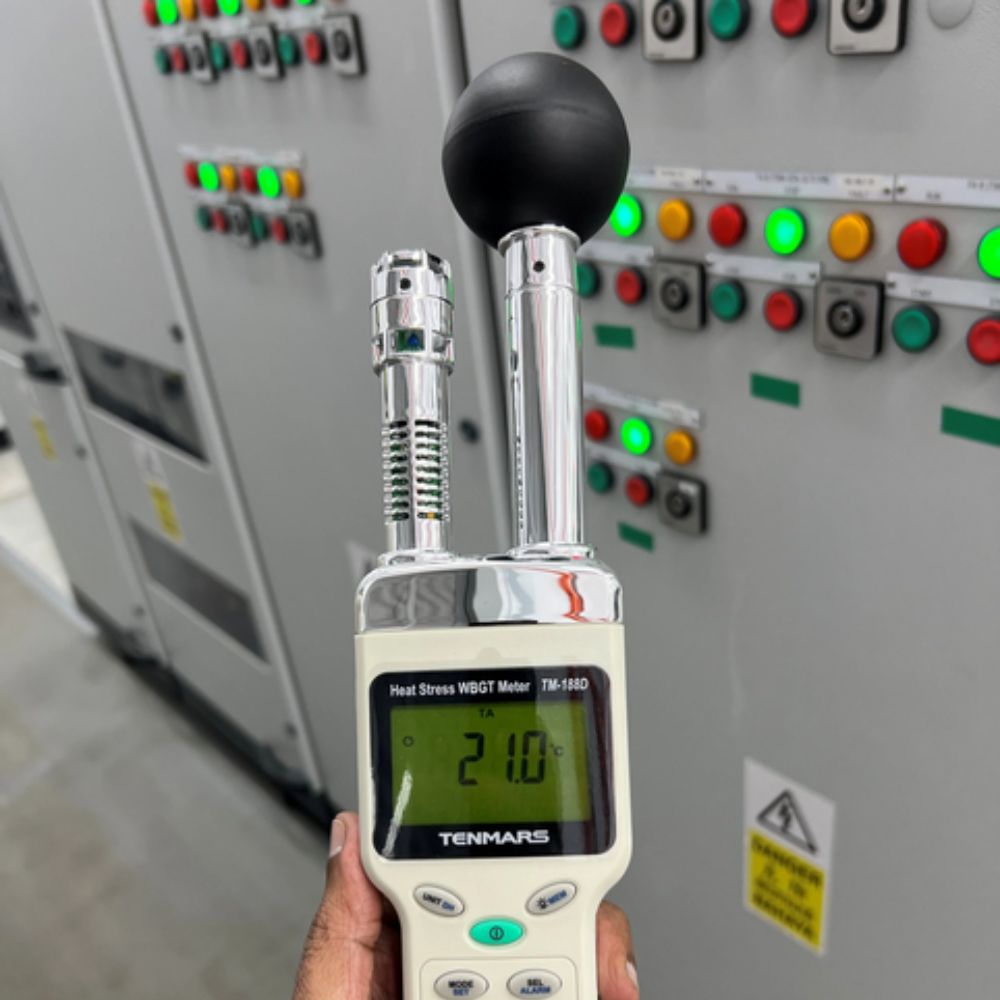 TENMARS TM188 Heat Stress Meter monitoring WBGT heat index in large manufacturing plant - Essential for factory worker safety, industrial hygiene, steel mills, automotive production, warehouse heat stress assessment Sri Lanka.