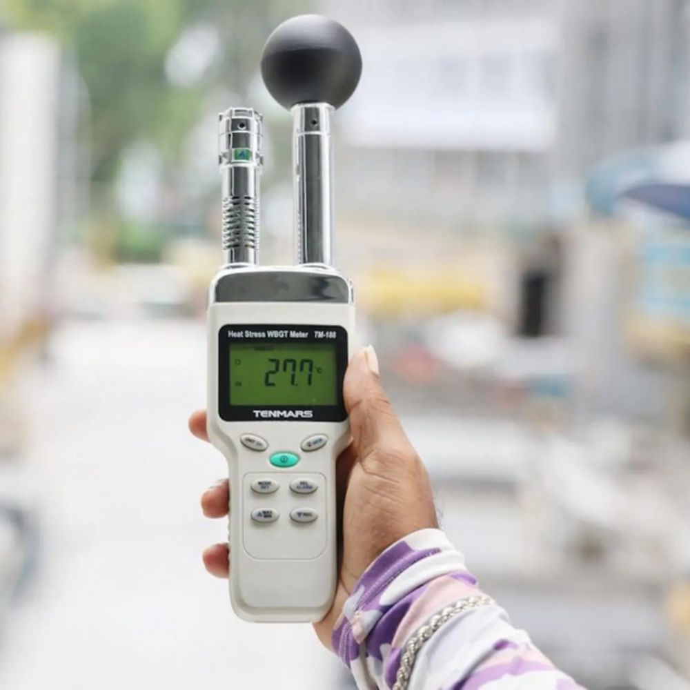 TENMARS TM188 WBGT Meter measuring outdoor heat stress conditions with solar radiation - Construction sites, agriculture fields, sports training, landscaping, civil engineering heat risk monitor Sri Lanka.