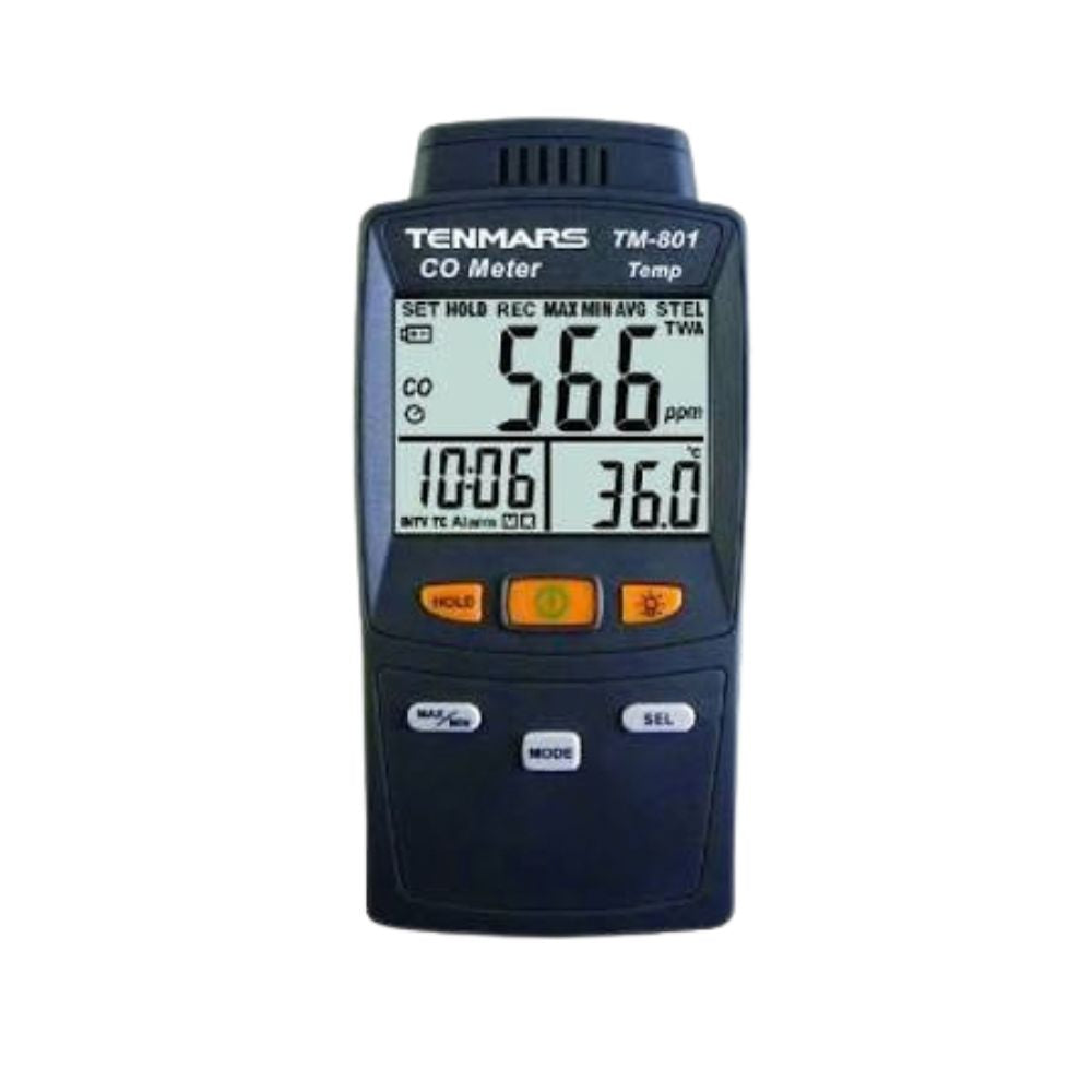 TENMARS TM801 handheld carbon monoxide meter with adjustable alarm, full view