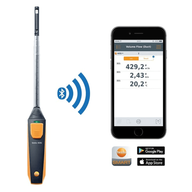 Live air velocity and temperature readings from the testo 405i smart probe displayed on a smartphone via the testo Smart App, demonstrating its Bluetooth connectivity.