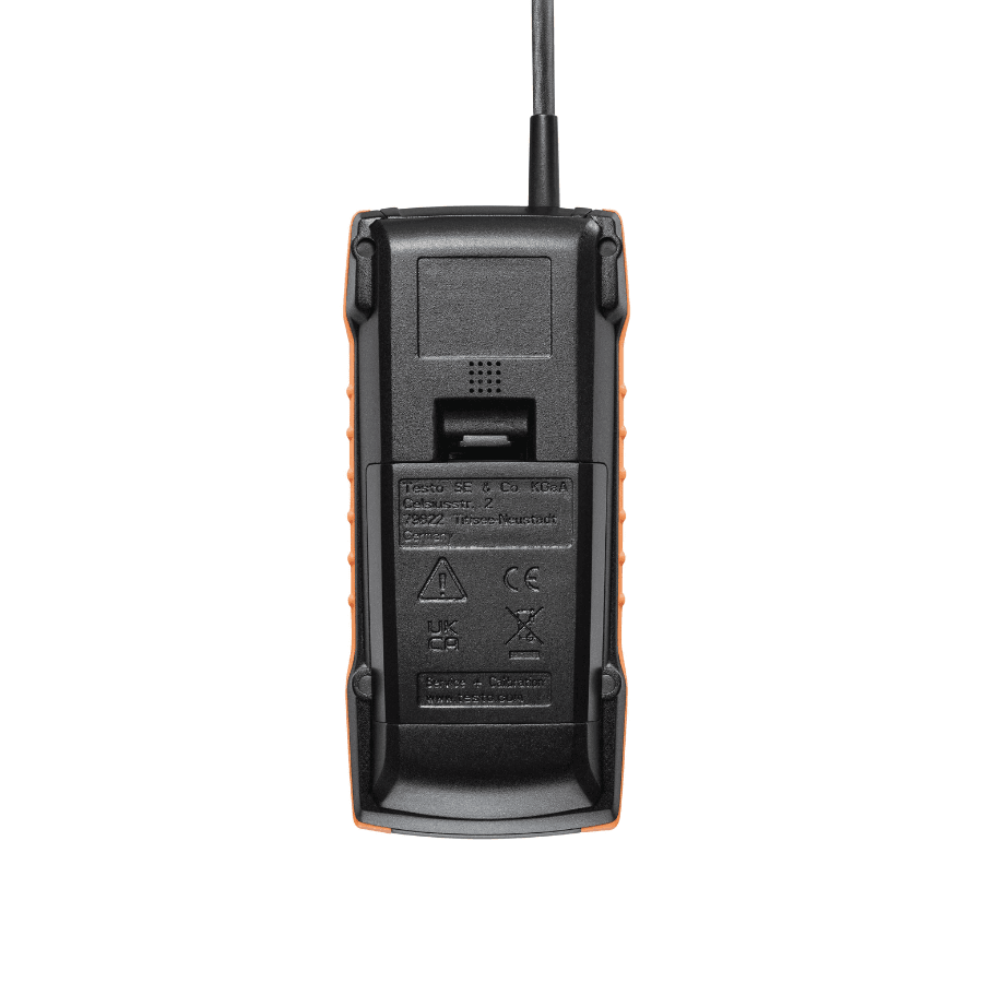 Rear view of the TESTO 425 anemometer's main unit, highlighting its compact, ergonomic design and the secure connection port for the fixed probe.