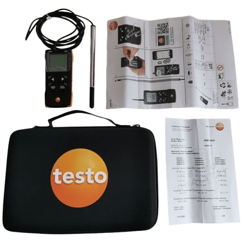 The complete TESTO 425 professional anemometer kit, including the main unit, probe, protective transport bag, calibration protocol, and user manual.