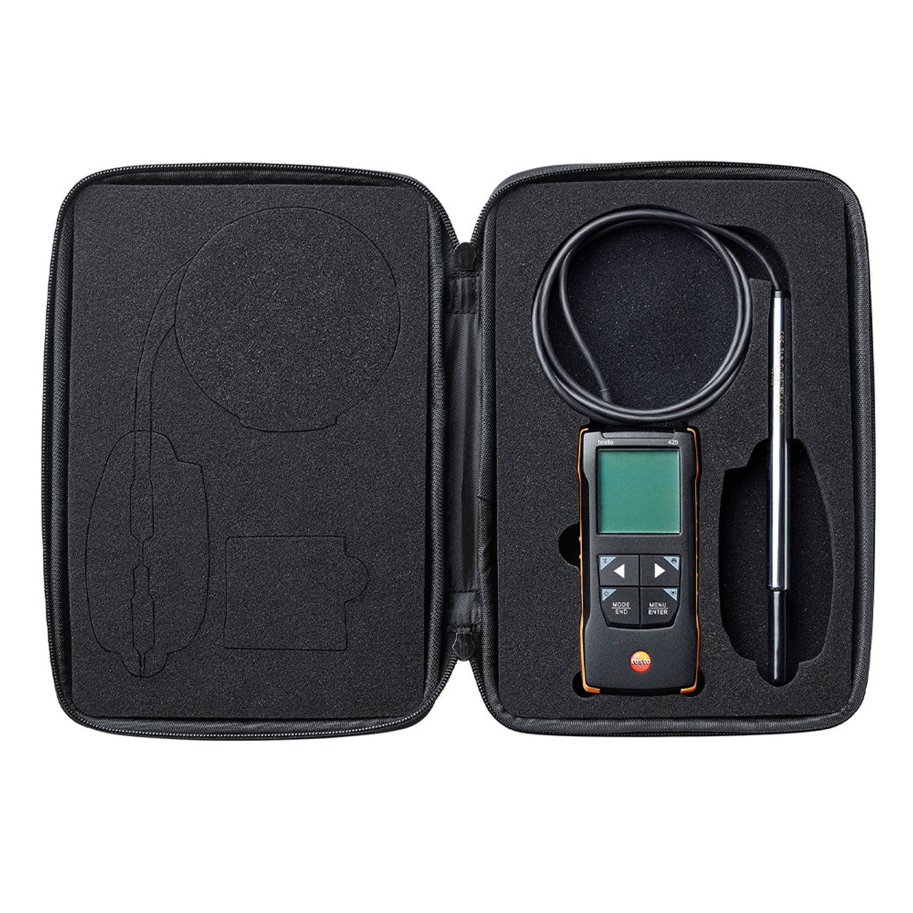 The TESTO 425 anemometer and its telescopic probe neatly packed and protected inside the official Testo transport bag for secure fieldwork.