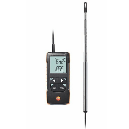 TESTO 425 hot-wire anemometer with its telescopic probe, shown with the backlit LCD display on, ready for precise air velocity and temperature measurement.