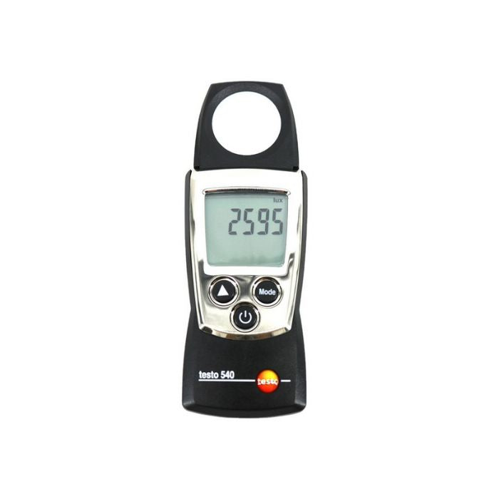 The TESTO 540 pocket-sized digital lux meter displaying a precise illuminance reading of 2595 Lux on its clear, backlit screen.