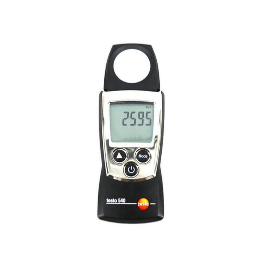 The TESTO 540 pocket-sized digital lux meter displaying a precise illuminance reading of 2595 Lux on its clear, backlit screen.